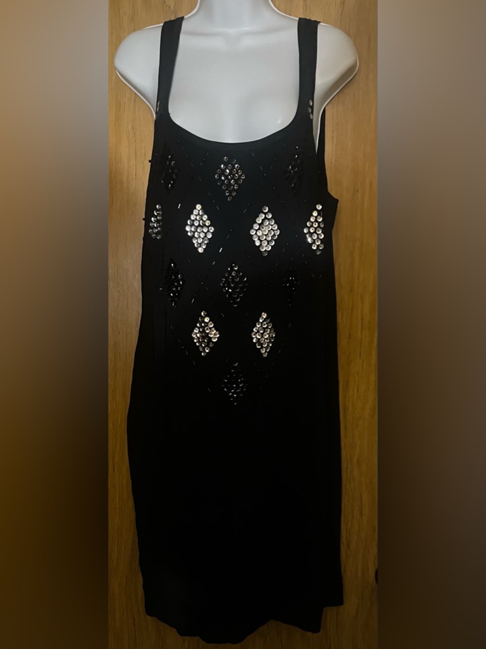 Black Embellished Midi Dress with Sequin Diamond Pattern size 18